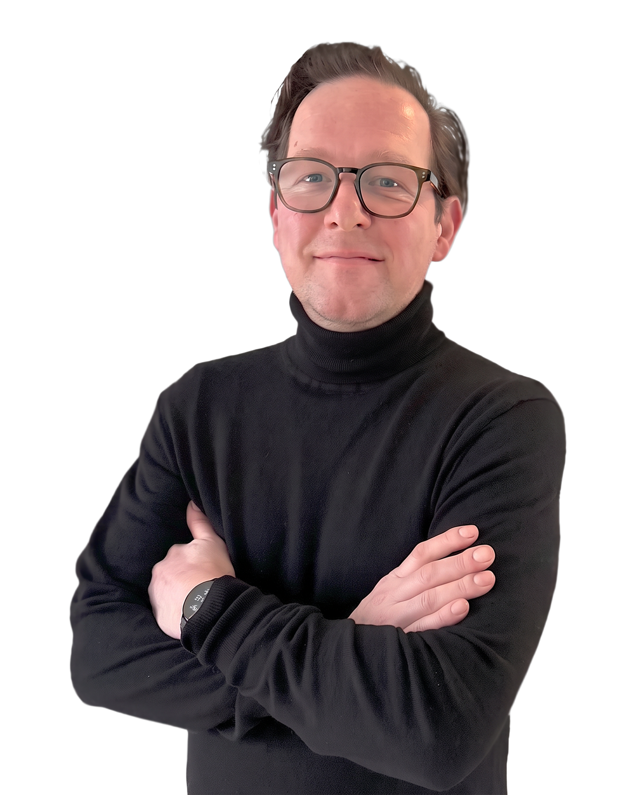 Studio portrait of Hendrik van Iterson standing with arms crossed, wearing a black turtleneck and dark-framed glasses cut out against the page